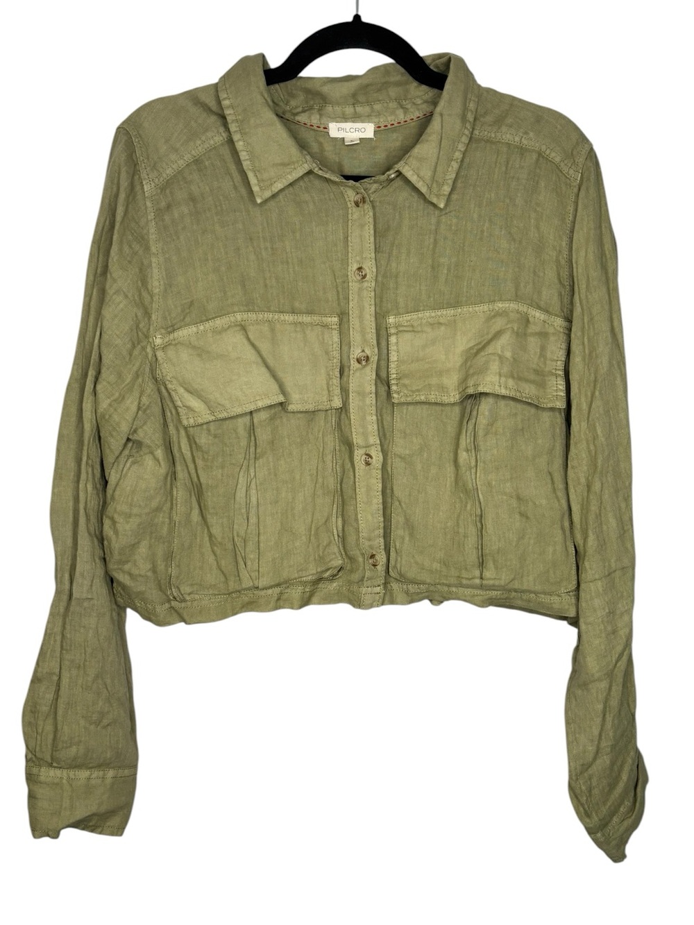 Pilcro Linen Lightweight Utility Shirt Olive Green Cropped Minimalist Y2K XL